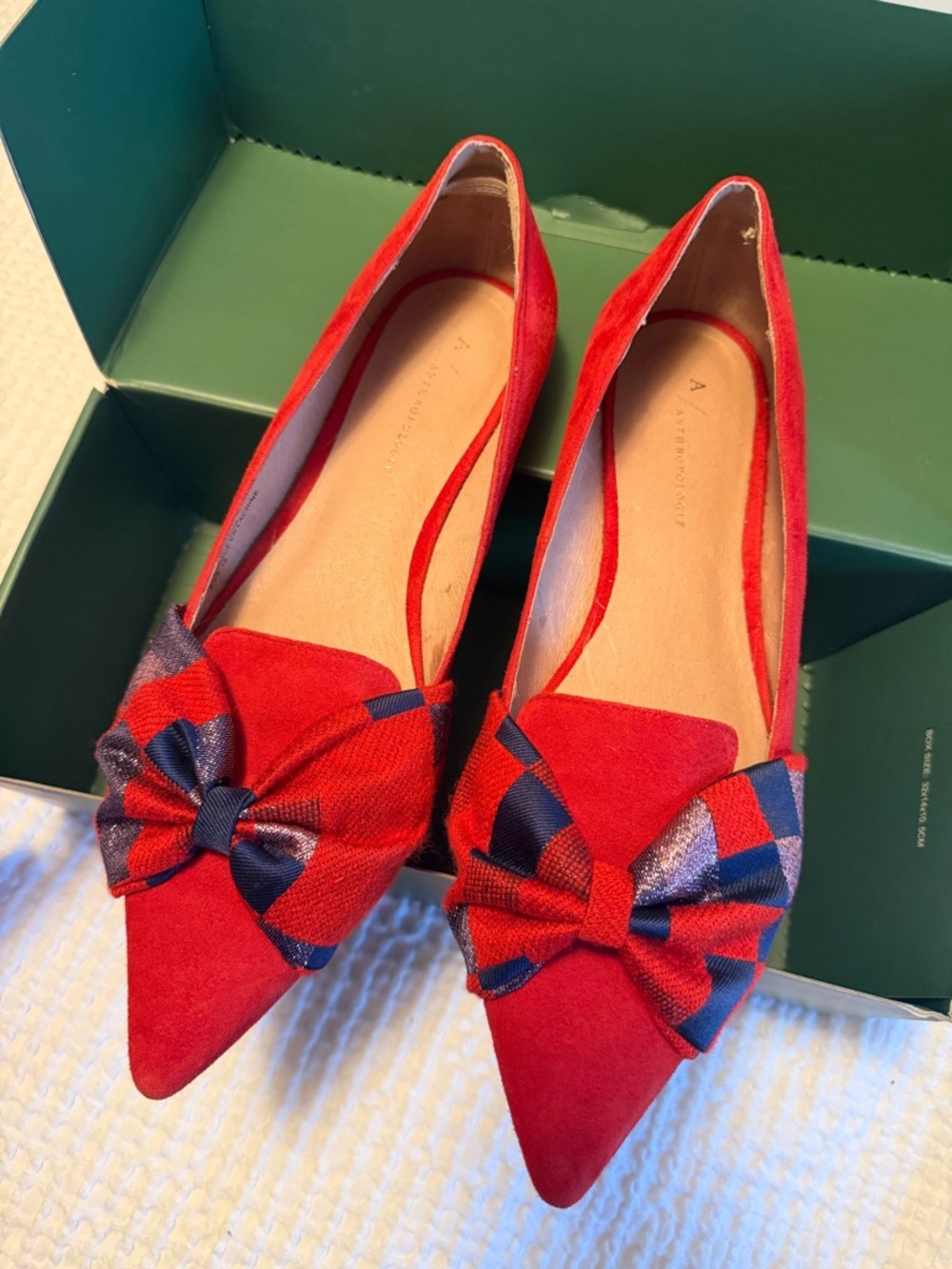 Anthropologie Red Pointed Bow Flats with Navy Accents